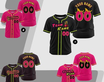 Camiseta de béisbol personalizada con rayas rosas y negras para hombre, mujer y joven, color negro, verde y rosa, con número de animal para fiesta, texto y logotipo.