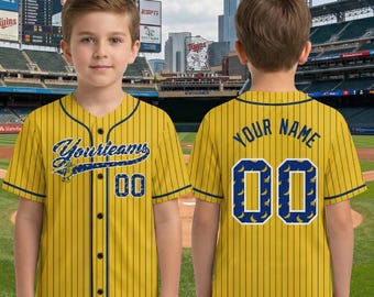 Custom Banana Baseball Jersey Youth Kids Men Women, Yellow Blue Pinstriped Baseball Jersey Name Number Logo, Banana Ball Shirt