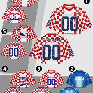 May include: A collection of Croatia-themed sports jerseys. The jerseys feature a red and white checkered pattern, with some having blue accents. Each jersey displays the word "Croatia", numbers, and customizable text.