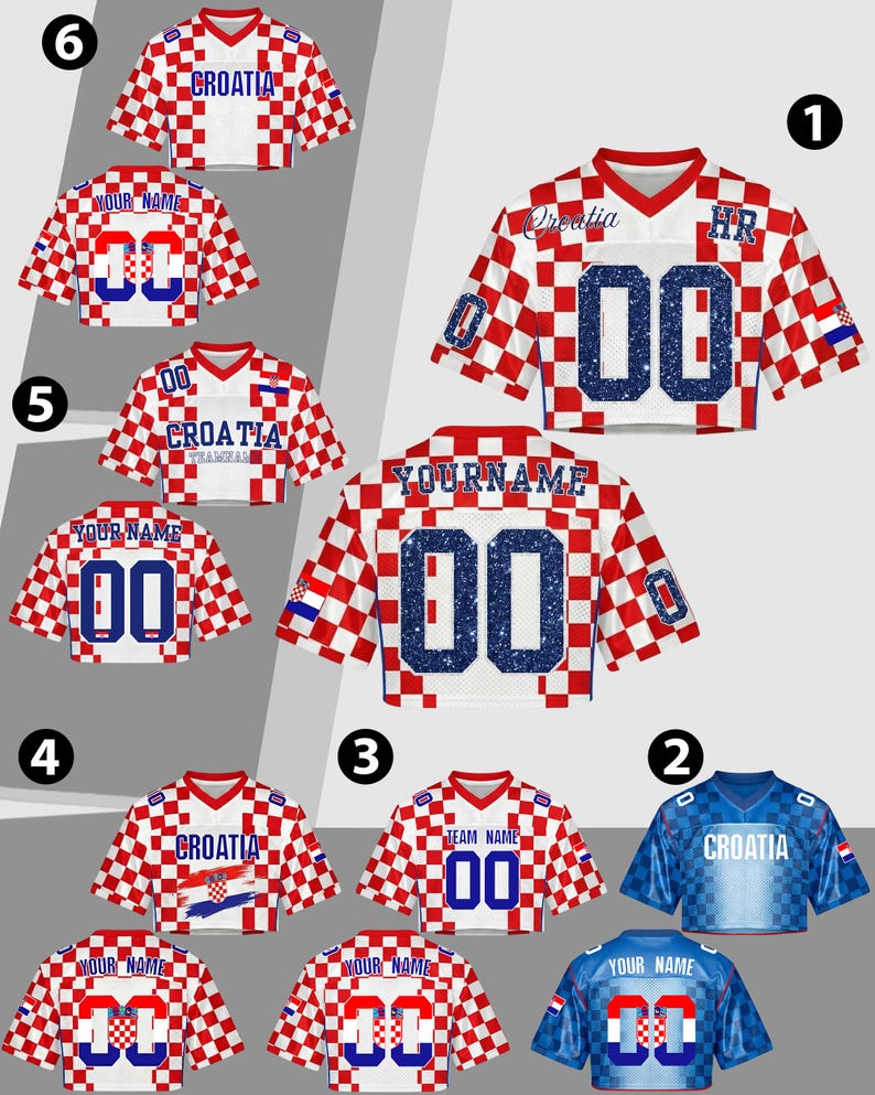 May include: A collection of Croatia-themed sports jerseys. The jerseys feature a red and white checkered pattern, with some having blue accents. Each jersey displays the word "Croatia", numbers, and customizable text.