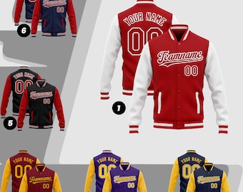 May include: A collection of letterman jackets in various color combinations. Each jacket features the text "YOUR NAME" and "Teamname" with the number "00". The jackets have contrasting sleeves and trim.