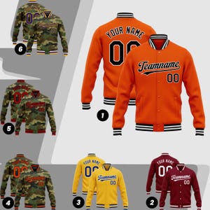 May include: A collection of letterman jackets in various colors, including orange, yellow, and maroon. Each jacket features a "Teamname" and number "00" on the front, with "Your Name" and the number "00" on the back. Some jackets have a camouflage pattern.