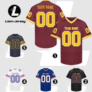 May include: A collection of customizable football jerseys in various colors, including maroon, navy, black, and white. Each jersey features a team name and the number "00" in a contrasting color. The jerseys are displayed with the "Liam Jersey" logo.