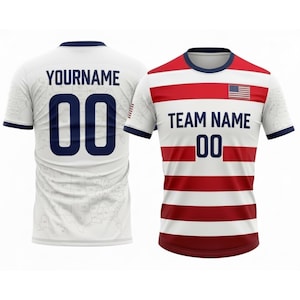 May include: A white and red striped soccer jersey with the text "TEAM NAME" and the number "00" on the front. The jersey also features the American flag and the text "YOURNAME" and the number "00" on the back.
