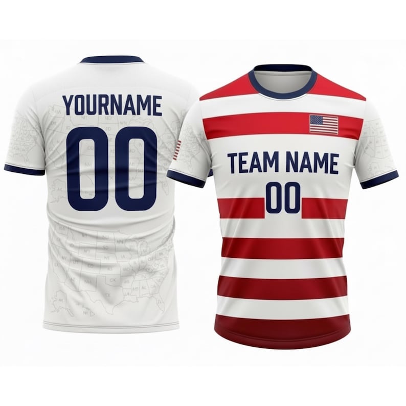 May include: A white and red striped soccer jersey with the text "TEAM NAME" and the number "00" on the front. The jersey also features the American flag and the text "YOURNAME" and the number "00" on the back.