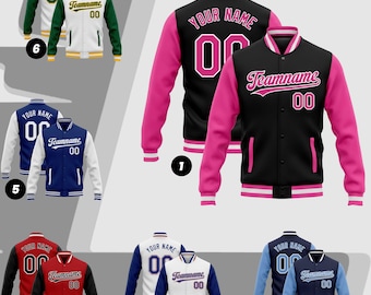 May include: A collection of letterman jackets in various color combinations. The jackets feature contrasting sleeves, ribbed cuffs, and a button-up front. Each jacket displays the text "Your Name" and "Teamname" along with the number "00".