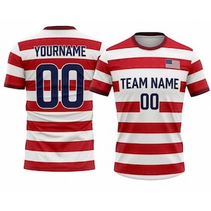 May include: A red and white striped jersey with the text "YOURNAME" and the number "00" on the back. The front of the jersey has the text "TEAM NAME", the number "00", and a small American flag.