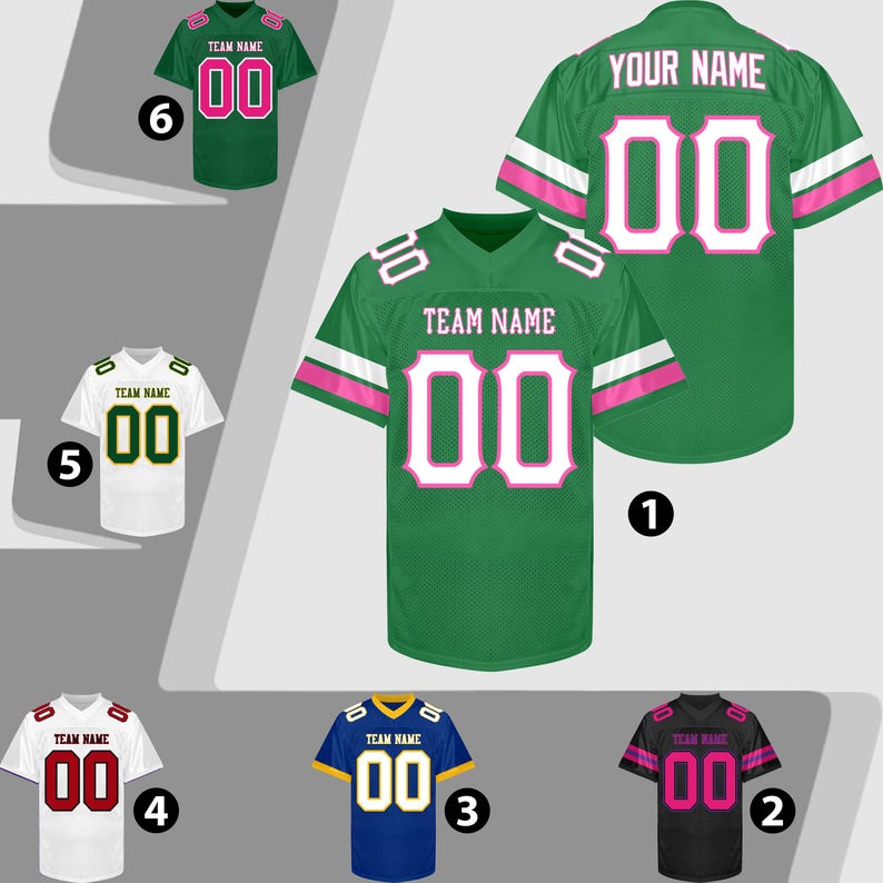 Puede incluir: Una colecci&oacute;n de camisetas de f&uacute;tbol en varios colores, incluyendo verde, blanco, azul y negro. Cada camiseta presenta el n&uacute;mero "00" en un color contrastante, con el texto "TEAM NAME" o "YOUR NAME" arriba. Las camisetas tienen diferentes combinaciones de colores.