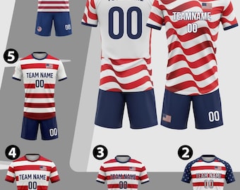 Camiseta de fútbol personalizada de EE. UU. 2026, color rojo, blanco y azul, con nombre y número personalizados, uniforme patriótico para hombres, mujeres, jóvenes y niños.