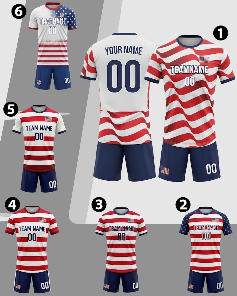 May include: Soccer jerseys in red, white, and blue, featuring the American flag design. Each jersey has a team name and number, with matching blue shorts. The jerseys are displayed in various styles.