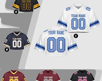 Custom Name Number Logo Cropped Blue And White Football Jersey for Women Personalized Mesh Jersey Cheer Crop Top Football Jersey for Girls