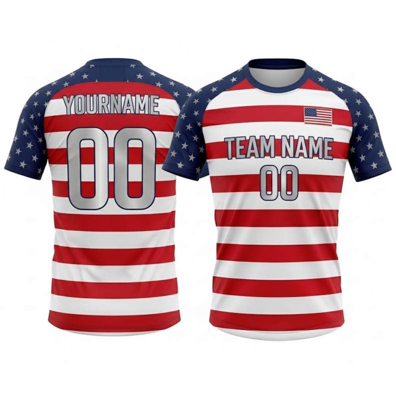 May include: Two short-sleeved jerseys with a red and white striped design. The sleeves are navy blue with white stars. One jersey has the text "YOURNAME" and the number "00" on the back. The other has "TEAM NAME" and the number "00" on the front, with a small American flag.