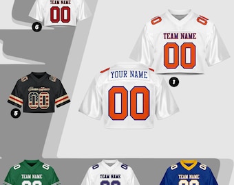 Custom Name Number Logo Cropped Orange White Football Jersey for Women, Personalized Mesh Jersey Cheer Crop Top, Football Jersey for Girls