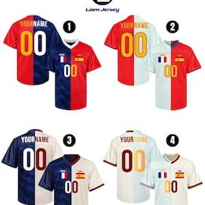 May include: Four split-design jerseys labeled 1 through 4, featuring the text YOURNAME and 00. Each jersey displays the French and Spanish flags on the front. The designs include various color combinations of red, blue, white, and gold accents.