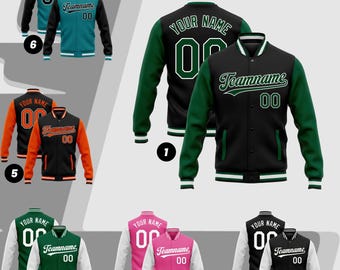 May include: A collection of letterman jackets in various colors, including black, green, pink, and orange. Each jacket features the text "YOUR NAME", "Teamname", and the number "00". The jackets have contrasting sleeves and striped cuffs and hems.