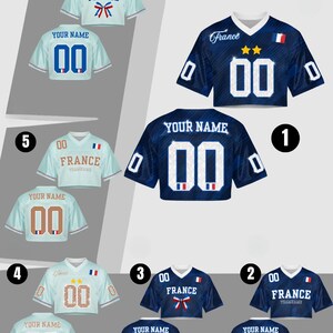 May include: A collection of cropped French football jerseys in various shades of blue and white. Each jersey features the number "00" and the word "France" or "Your Name". Some jerseys have the French flag and other decorative elements.