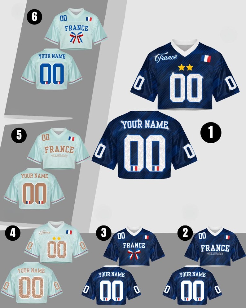 May include: A collection of cropped French football jerseys in various shades of blue and white. Each jersey features the number "00" and the word "France" or "Your Name". Some jerseys have the French flag and other decorative elements.