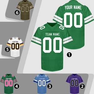 May include: A collection of six football jerseys in various colors, including green, purple, blue, white, and olive green. Each jersey features the number "00" in white and the text "TEAM NAME" or "YOUR NAME".