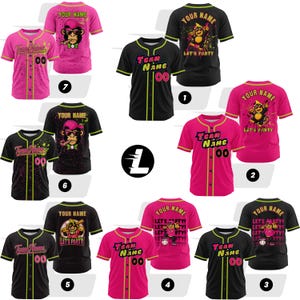 May include: Assorted baseball jerseys in black, pink, and black with yellow accents. Some jerseys feature a monkey graphic with text like "Your Name", "Let's Party", and "Team Name" with the number "00".