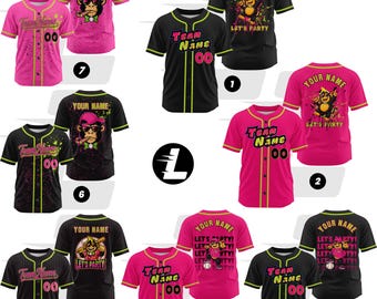 Custom Pink Black Pinstripe Baseball Jersey Men Women Youth, Party Custom Animal Baseball Jersey Text Logo, Pink Black Green Baseball Shirt