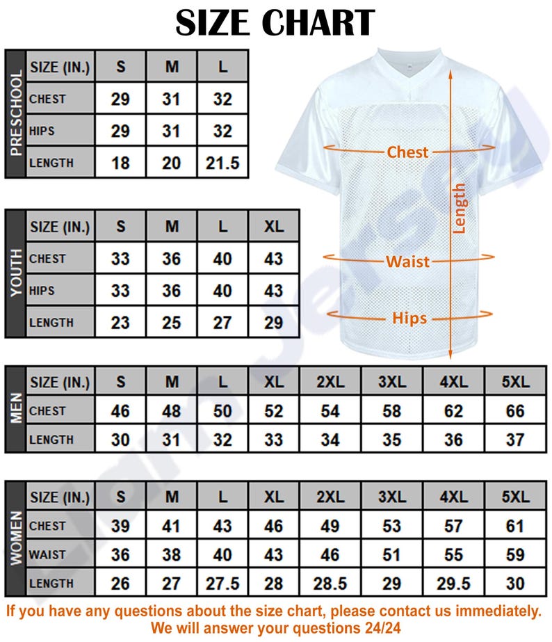 Puede incluir: Una camiseta blanca con cuello en V, tabla de tallas con medidas en pulgadas para preescolares, j&oacute;venes, hombres y mujeres. La tabla incluye medidas de pecho, cadera y largo para varias tallas, de la S a la 5XL. El texto en la parte inferior dice: "Si tiene alguna pregunta sobre la tabla de tallas, cont&aacute;ctenos de inmediato."