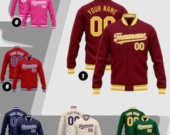 May include: A collection of varsity jackets in various colors, including maroon, pink, red, navy, cream, and green. Each jacket features contrasting collar, cuffs, and hem, with text on the front and back. The text includes "Your Name", "Teamname", and the number "00".