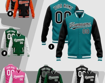 May include: A collection of letterman jackets in various colors, including teal, black, orange, pink, and green. Each jacket features contrasting sleeves, a ribbed collar, and the text "Your Name" and "Teamname" with the number "00".