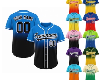 Camiseta de béisbol personalizada con degradado, nombre personalizado del equipo, regalo para amantes del béisbol, camiseta para adultos, niños y jóvenes, azul y negro