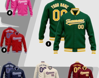May include: A collection of varsity jackets in various colors, including green, red, navy, cream, maroon, and pink. Each jacket features the text "Your Name" and "Teamname" along with the number "00". The jackets have contrasting collar, cuffs, and waistband.