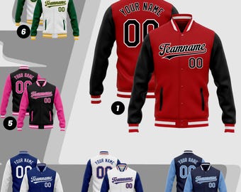 May include: A collection of letterman jackets in various color combinations. Each jacket features a contrasting body and sleeves, with text that reads "YOUR NAME" and "Teamname 00". The jackets are displayed against a neutral background.