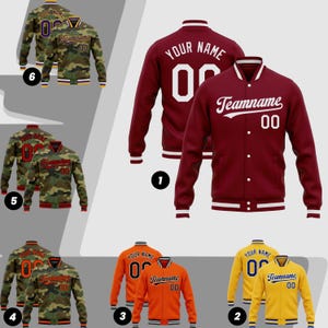 May include: A collection of varsity jackets in various colors, including maroon, orange, and yellow. Each jacket features a white collar and cuffs, with text such as "Your Name", "Teamname", and numbers. Camouflage jackets are also shown.