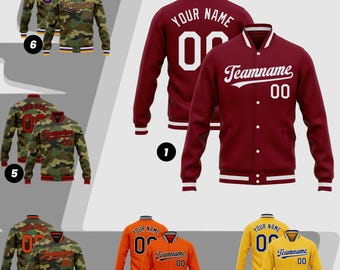 May include: A collection of varsity jackets in various colors, including maroon, orange, and yellow. Each jacket features a white collar and cuffs, with text such as "Your Name", "Teamname", and numbers. Camouflage jackets are also shown.