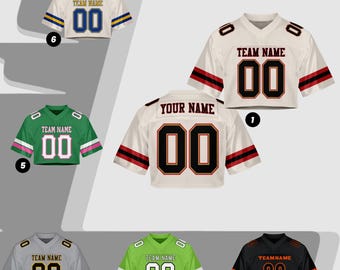 Custom Name Number Logo Cropped Cream Black Orange Football Jersey for Women, Mesh Jersey Crop Top Cheerleading, Football Jersey for Girls