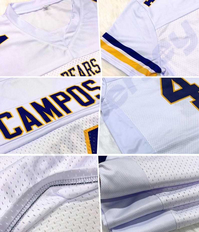 Puede incluir: Camiseta de f&uacute;tbol de malla blanca con detalles en azul marino y dorado. La camiseta muestra la palabra "BEARS" en el pecho y el nombre "CAMPOS" en la parte delantera. El n&uacute;mero "44" es visible en la manga.