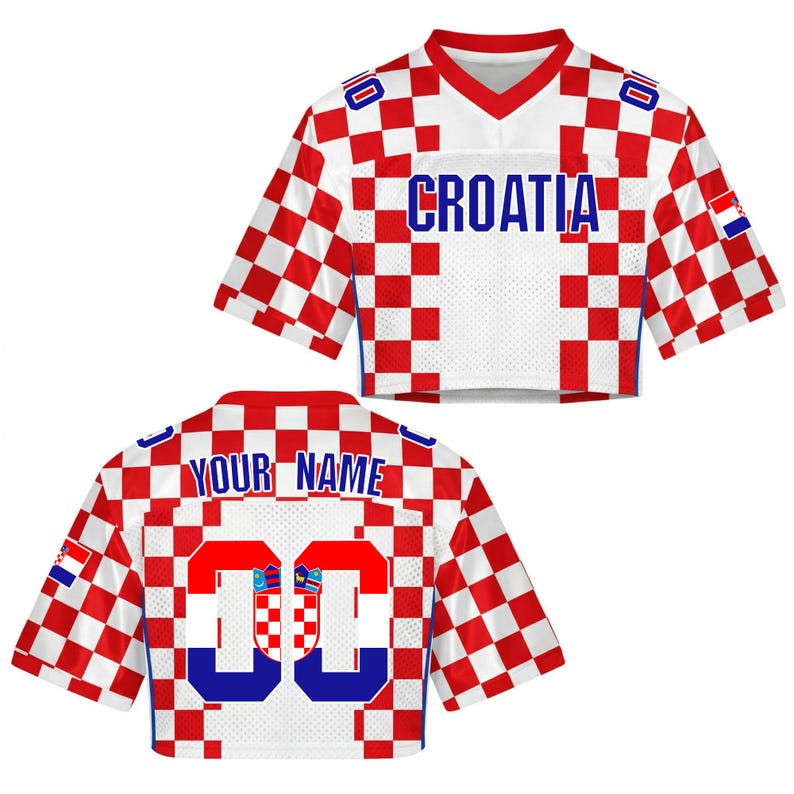 May include: Croatia-themed crop top jersey with a red and white checkered pattern. The front displays "CROATIA" in blue, while the back has space for "YOUR NAME" and the number "00". The jersey features the Croatian flag on the sleeves.
