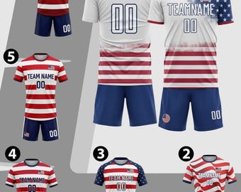 Personalized USA Soccer Jersey Set Red White Blue, Custom Name Number America Flag Uniform Shirt, Patriotic Soccer Kit Men Women Youth Kids