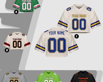 Custom College Football for Girls, Beige Blue Gold Crop Top Football Shirts Streetwear Women, Personalized Name, Number and Logo