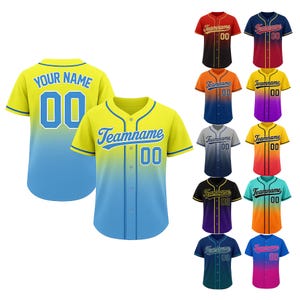 May include: Baseball jerseys in various colors, including yellow, blue, red, and purple. Each jersey features a team name and the number "00". The jerseys have a button-up front and short sleeves.