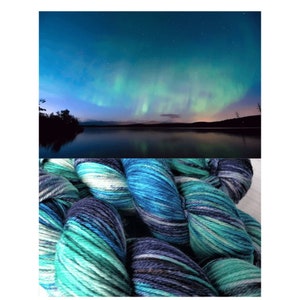 Hand Dyed DK Weight Yarn, Indie Dyed Yarn, Superwash Merino Wool, Variegated Yarn with Blue, Green, and specks of Purple- Northern Lights