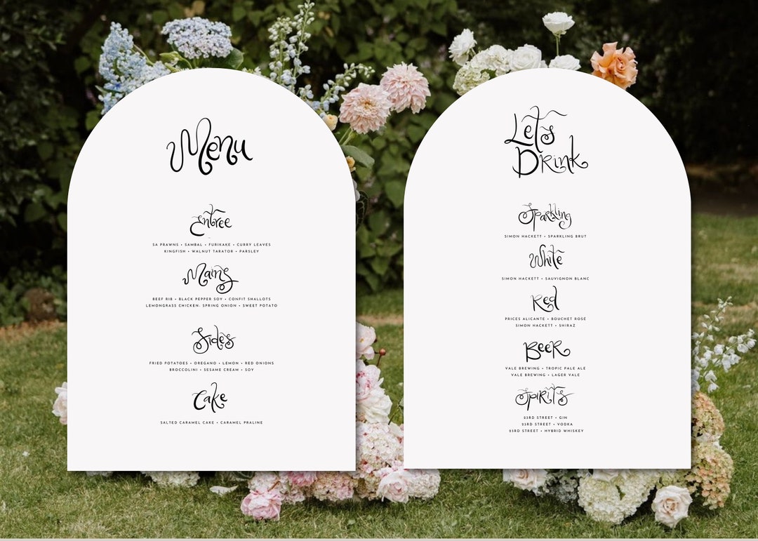 Hand Drawn Illustrated Arch Drinks Food Menu Invitation Canva Wedding ...
