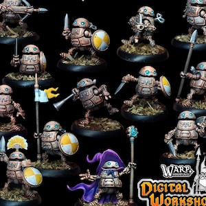 Könnte beinhalten: Eine Sammlung von Miniatur-Roboterfiguren mit dem Titel The Clockwork Corps September 2025. Die Figuren sind aus metallischem Bronze mit blau leuchtenden Augen und halten Speere, Schwerter, Schilde oder Banner. Eine Figur trägt einen violetten Umhang.