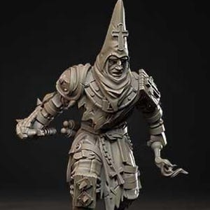 May include: A grey figurine of a hooded warrior with a cross on the hood, holding weapons. The figure is on a black base. The text "ASHEN ARMIES" is in the upper left corner. The figurine is highly detailed and in a dynamic pose.