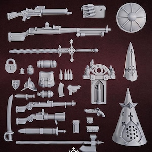 May include: A set of 30 grey decorative bits, featuring miniature weapons, shields, and architectural elements. The collection includes rifles, swords, a shield, and a church-like structure. Text at the top reads "DECORATIVE BITS SET X30" and "30 DECOR BITS".