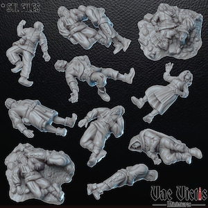 Könnte beinhalten: Eine Sammlung grauer Miniaturfiguren in verschiedenen Posen, darunter liegend und fallend. Die Figuren scheinen historische Kleidung zu tragen. Der Text "STL FILES" befindet sich oben links. Der Text "Vae Victis - miniatures" befindet sich unten rechts.