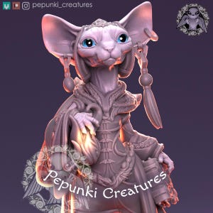 May include: A detailed sculpture of a creature with large ears, blue eyes, and ornate clothing. The figure is a light purple color and has intricate details in its design. The text "Pepunki Creatures" is visible at the bottom of the image.