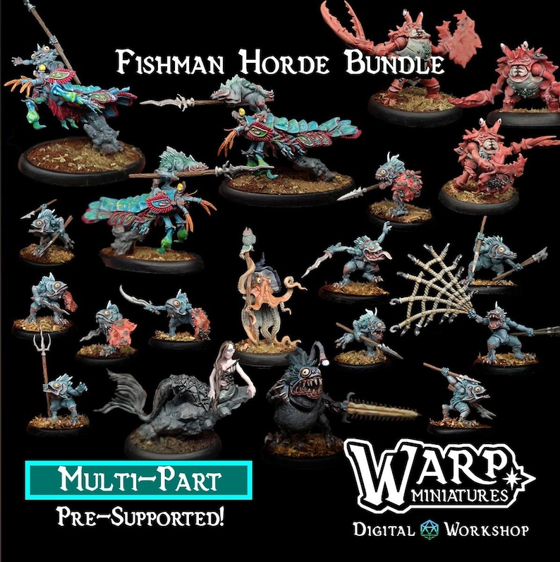 Fishman Horde Bundle (19 Modelle) Grimdark Resin Miniatur - 28/32 mm Tabletop RPG & Gothic Fantasy Figur von Warp Miniatures Full Kit (19 Models)