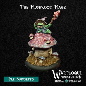 May include: A painted miniature figurine titled The Mushroom Mage, featuring a green frog-like creature wearing a purple hat and holding a mushroom-topped staff, perched atop a large, textured, multi-colored mushroom on a round black base.