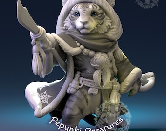 Tiger Traveler | Anthro Animal Miniature | Fantasy RPG Characters | 3D Printed Resin Tabletop Mini 28mm / 32mm | Pepunki Creatures