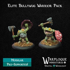 May include: Elite Bullywug Warrior Pack featuring two painted frog-like humanoid miniatures on circular bases. One figure holds a stone axe and a mushroom cap shield, while the other wields an axe and a red spotted mushroom shield. Modular pre-supported.