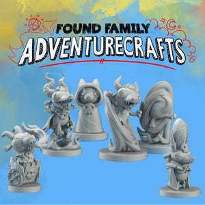 May include: A collection of gray fantasy figurines, each with unique monster-like features, including horns, capes, and stylized clothing. The text "FOUND FAMILY ADVENTURECRAFTS" is displayed above the figurines. The background is a gradient of blue, yellow, and white.
